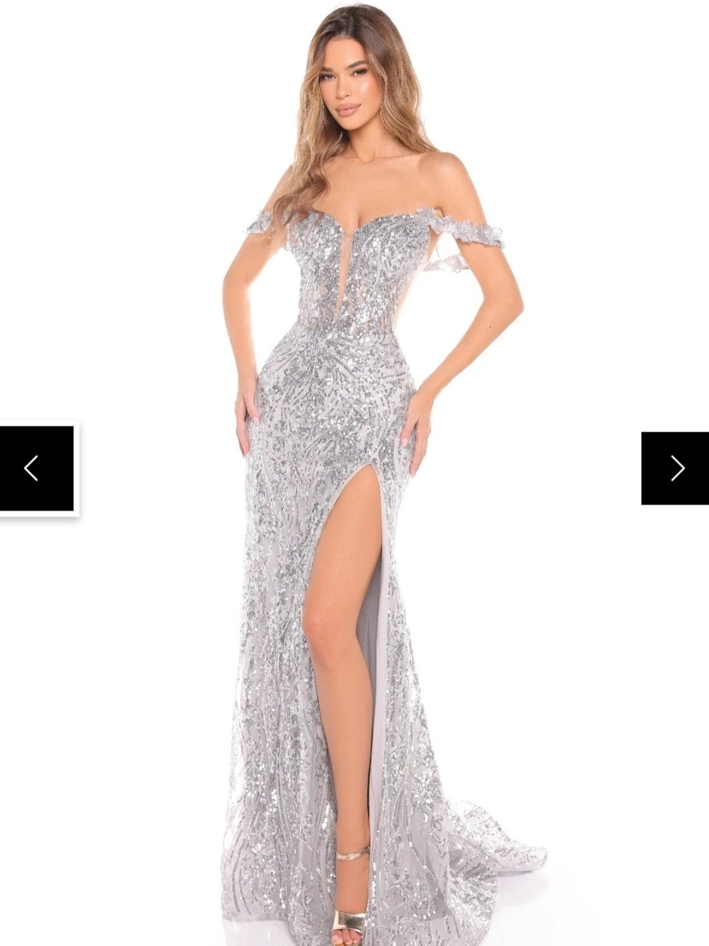 Silver Sequin Off-Shoulder Evening Gown with High Slit